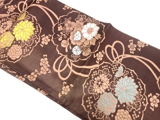 アンティーク　菊に牡丹・組紐模様織り出し名古屋帯（着用可）